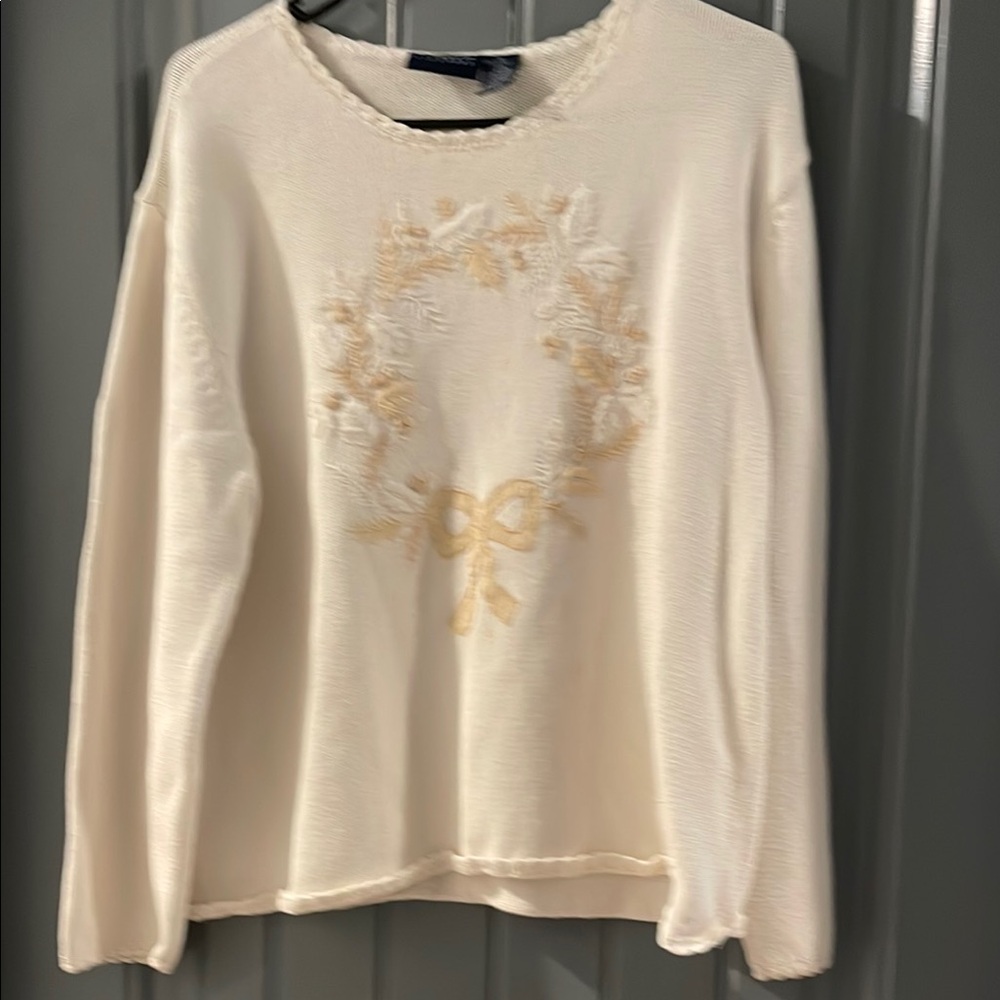 Liz Claiborne Cream Sweater with Gold Embroidery